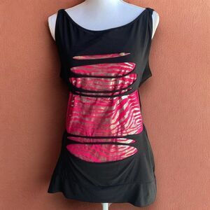 Y2K Vintage Neon Pink Metallic Animal Print Tank or Mini Dress with Black Ripped